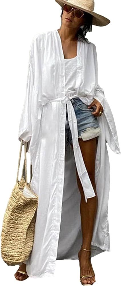 Women Long Beach Kimono Curve Hem Loose Open Front Bathing Suit Cover up | Amazon (US)