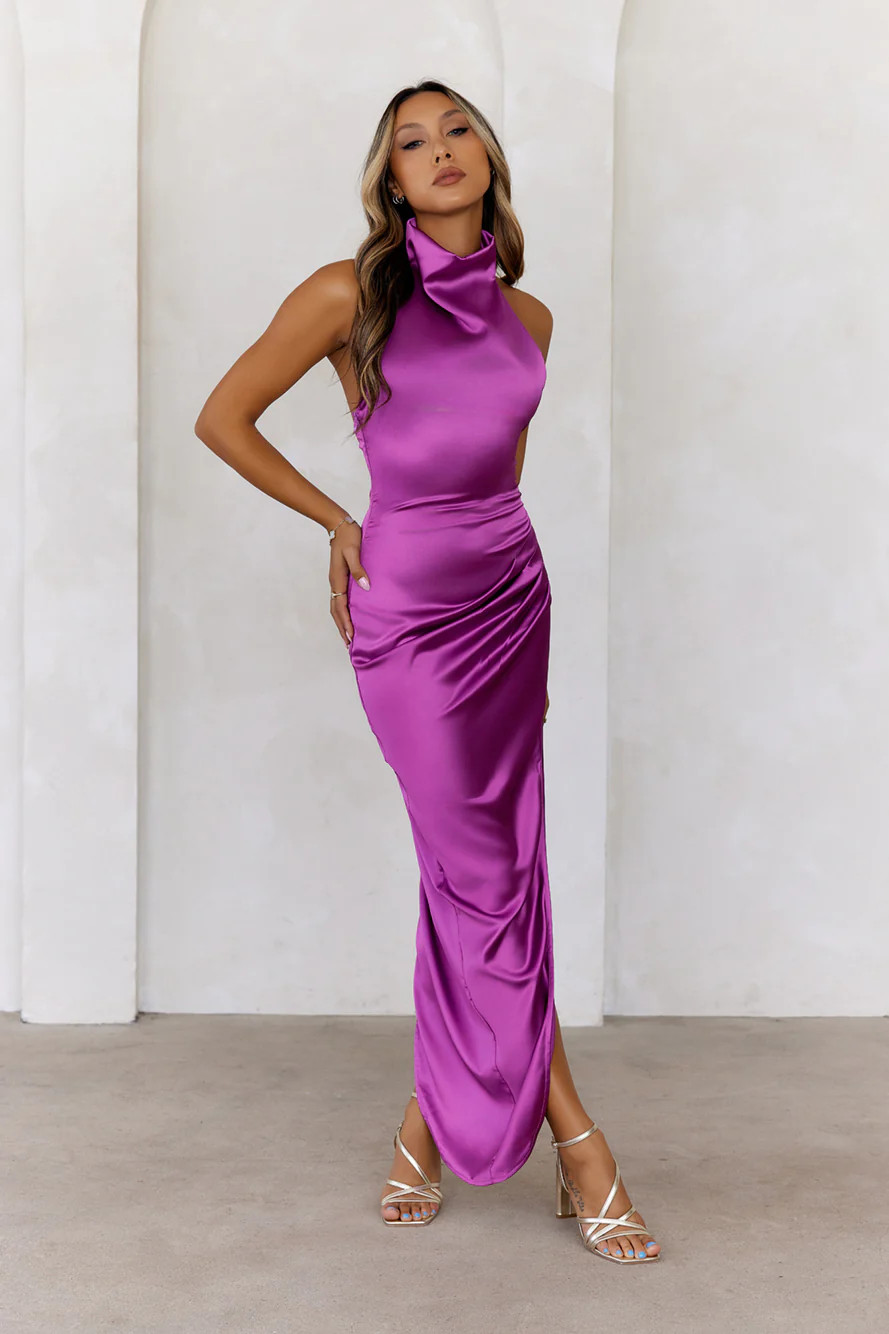 Party In Mexico Satin Halter Maxi Dress Purple | Hello Molly (US)