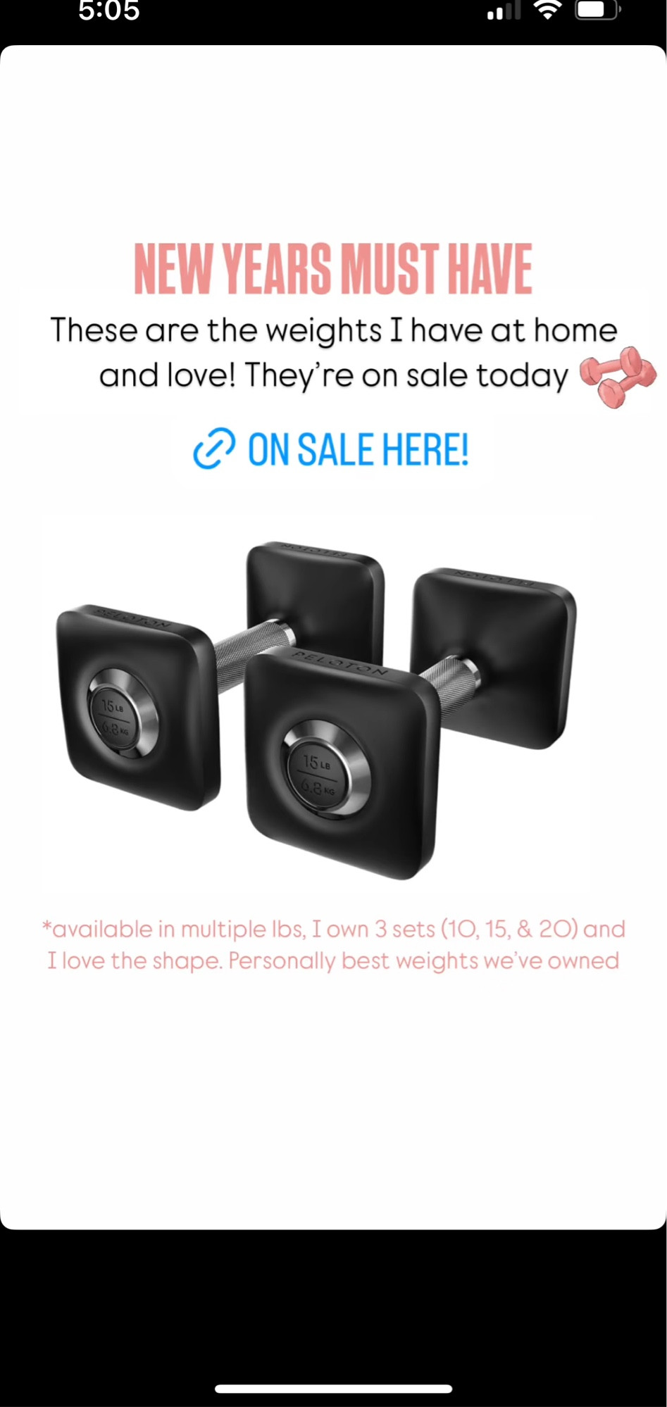Love these Pelton dumbbells! Available in different size weights. On sale today!

Amazon
Dumbbells
Sale

#LTKHome #LTKSaleAlert #LTKFitness