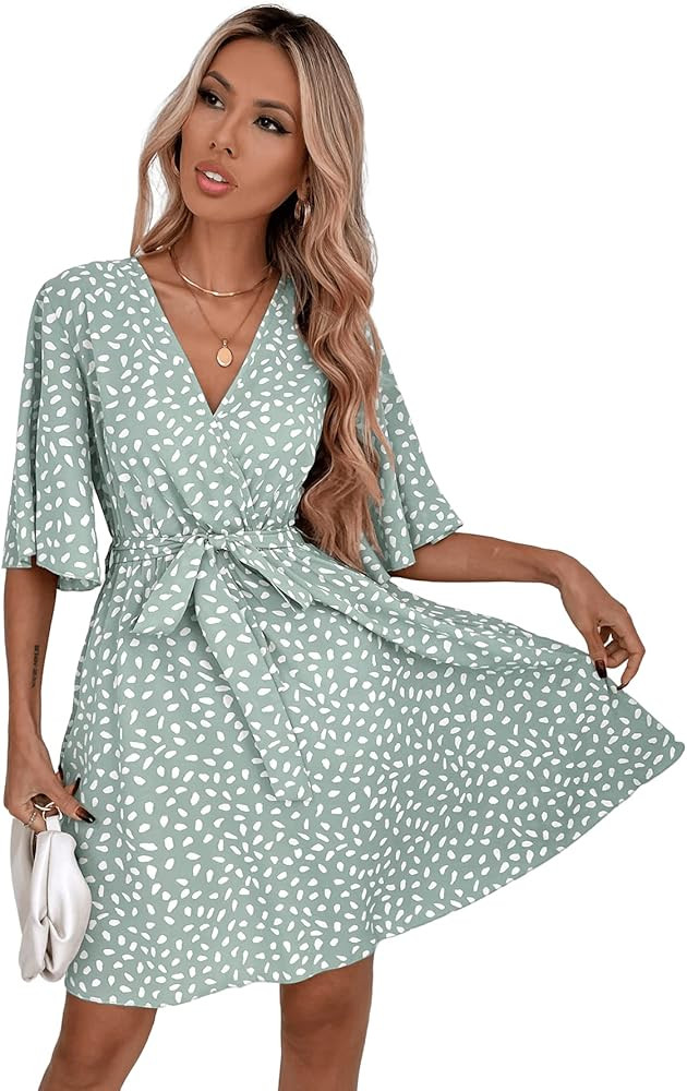 Romwe Women's Short Sleeve V Neck All Over Print High Waist A Line Summer Short Dress | Amazon (US)