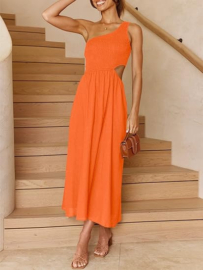 ANRABESS Women's Summer Sleeveless Smocked One Shoulder Cutout Sundress Flowy A-Line Beach Long M... | Amazon (US)