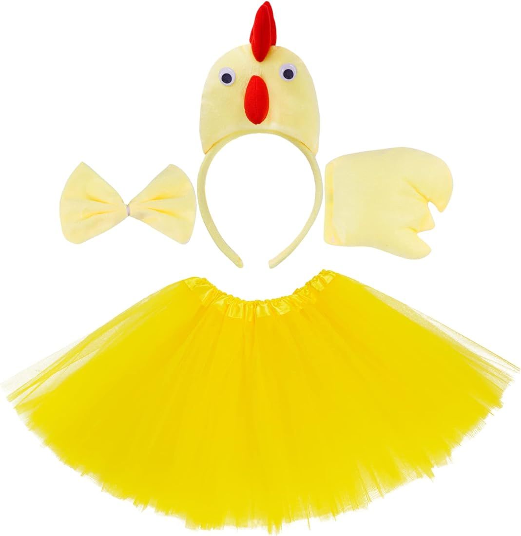 Jmkcoz Chicken Kids 3D Animal Costume 3D Yellow Chick Face Ears Headband Bowtie Tail Tutu Set for Gi | Amazon (US)