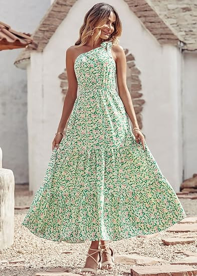 PRETTYGARDEN Women's Floral Maxi Dress 2024 Knot One Shoulder Sleeveless Ruffle Hem Flowy Boho Dr... | Amazon (US)