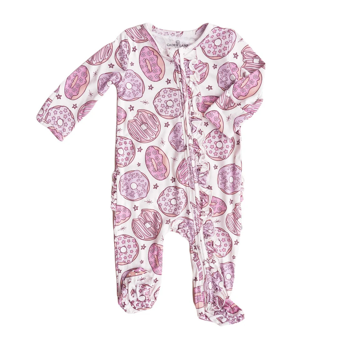 Donut Shop Ruffle Zipper Footie | Pink | Caden Lane