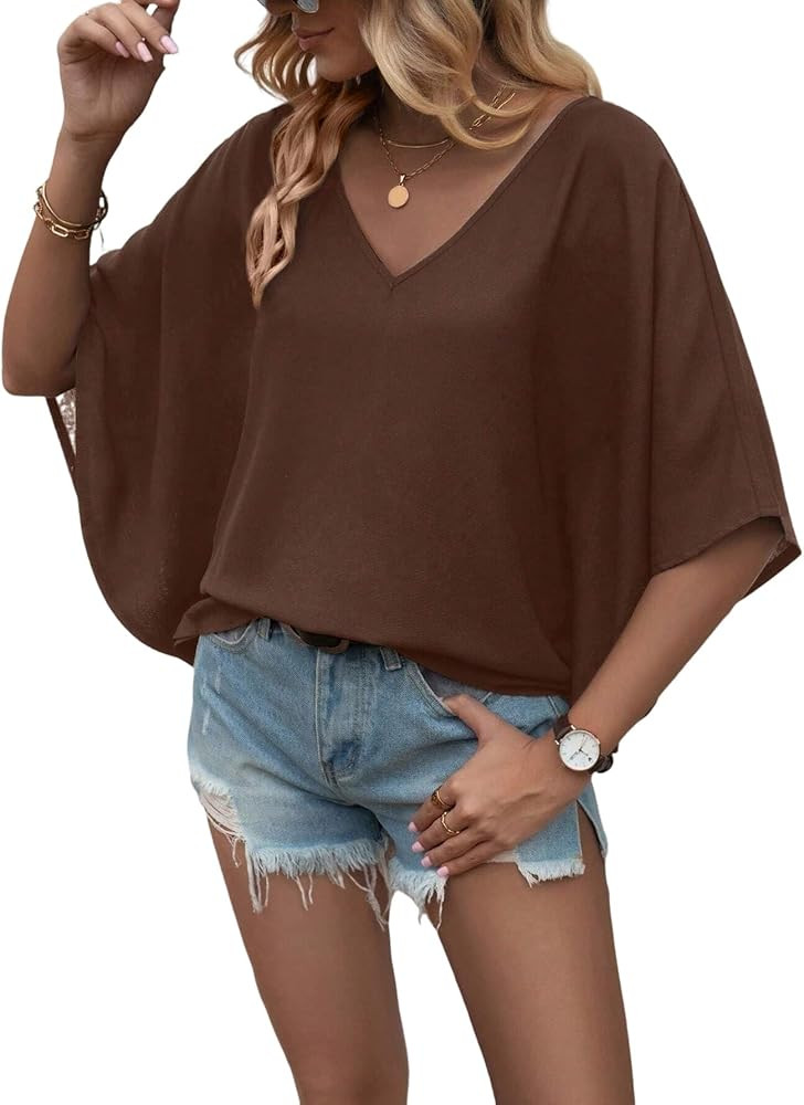 Urchics Chiffon Batwing Tops for Women Short Sleeve V Neck Blouse Tops V-Neck Casual Loose Summer... | Amazon (US)