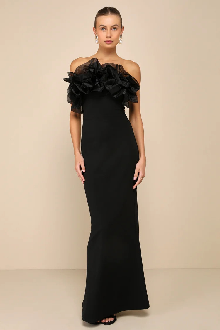Evening Excellence Black Ruffled Strapless Mermaid Maxi Dress | Lulus
