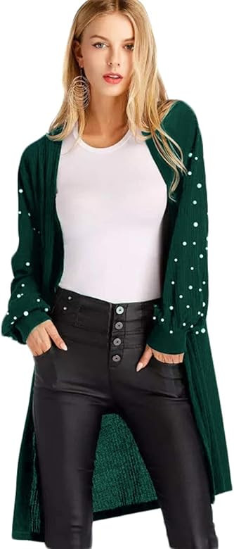 Floerns Women's Open Front Pearl Beading Lantern Sleeve Sweater Long Cardigan | Amazon (US)