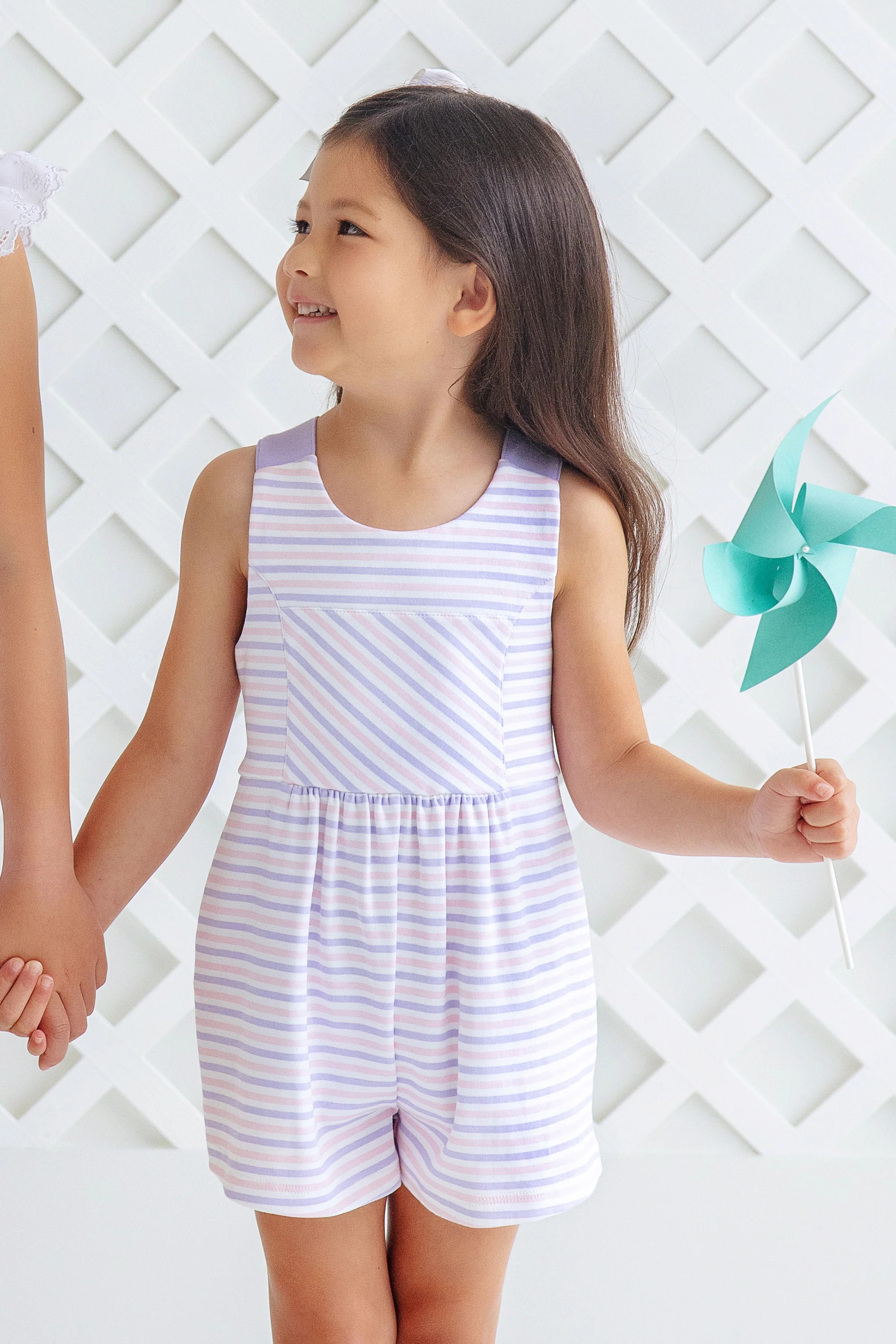 Reagan Romper - Lauderdale Lavender and Palm Beach Pink Stripe | The Beaufort Bonnet Company