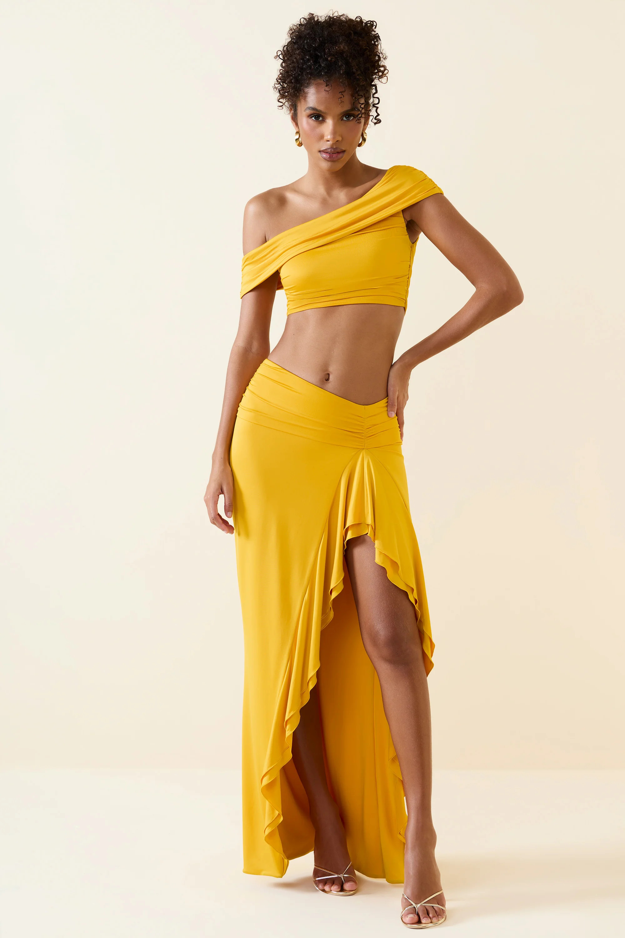 Asymmetric Ruffled Low-Rise Maxi Skirt in Golden Yellow | Oh Polly