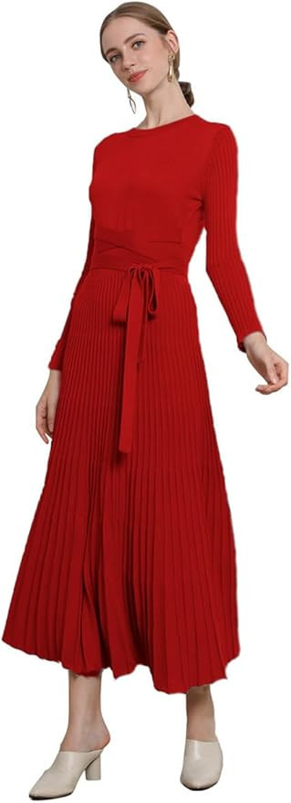 RanRui Womens Winter Fall Pleated Knitted Fit and Flare Long Sleeve Sweater Dress | Amazon (US)