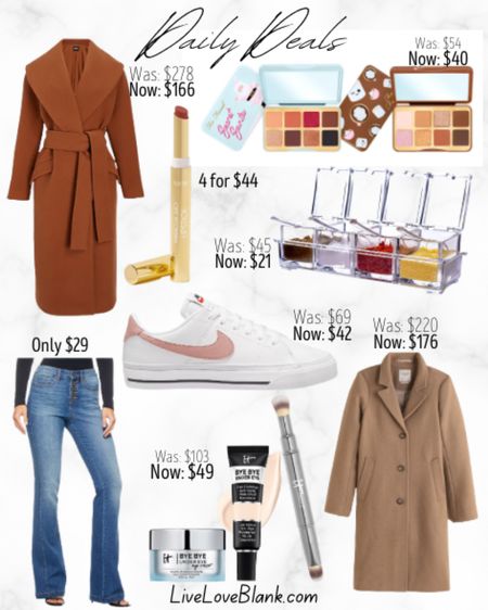 Daily Deals ✨
Express shawl lapel wrap coat 40% off…have and love!
Abercrombie coat is in stock and 20% off…best seller every year, versatile and easy to wear 
Nike sneakers back in stock and only $42 🔥
IT cosmetics bye bye eye concealer and eye cream
Tarte stocking stuffers 4 for $44
Too Faced mini palette due 
Flare High rise button front jeans only $29
Condiment jars with covers and spoon - perfect hostess gift or when you are hosting your own holiday party 

#LTKHoliday #LTKsalealert #LTKstyletip