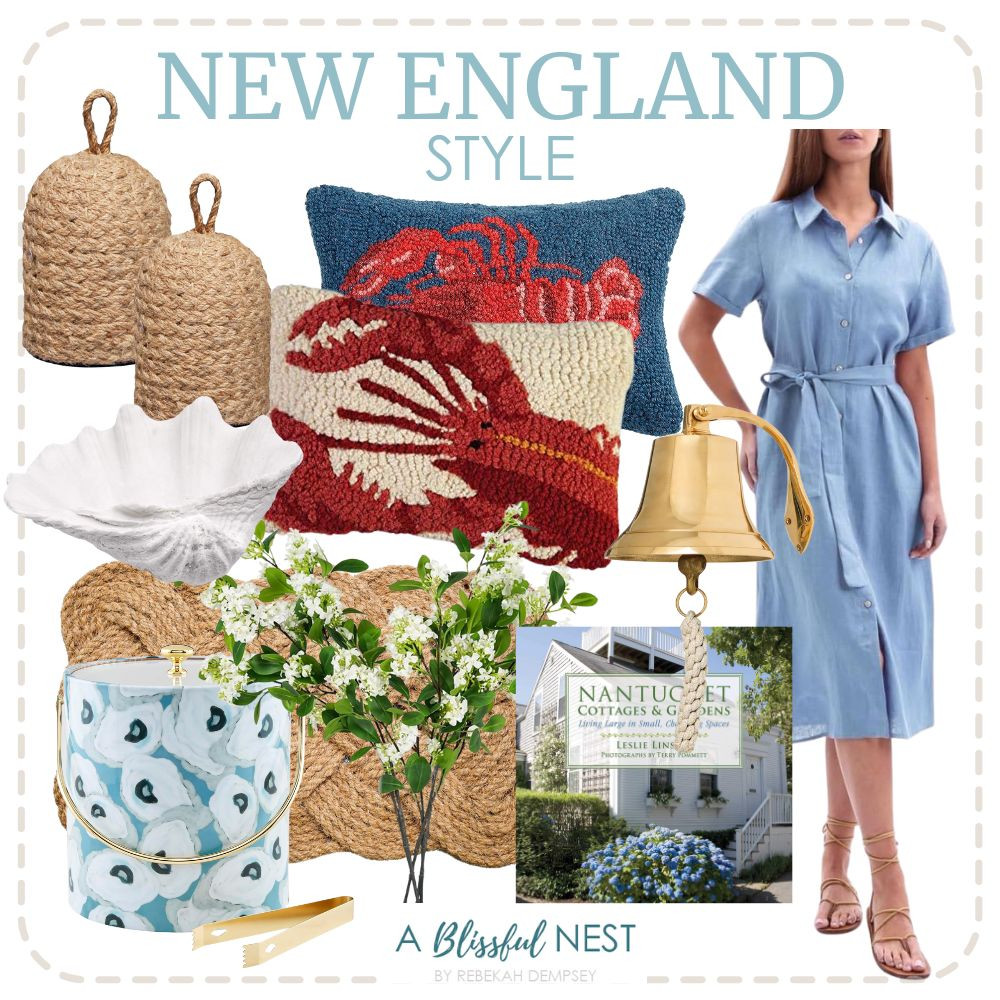 New England style that feels fresh, refined, and forever beautiful. Shop the look.
red lobster decorative throw pillows, wicker door stopper, natural jute rope doormat, blue loose button down, oyster vinyl ice bucket, outdoor bell wall mount, decorative book, seashell decorative bowl, faux greenery stems 

 #LTKootd #LTKHome #LTKMidsize