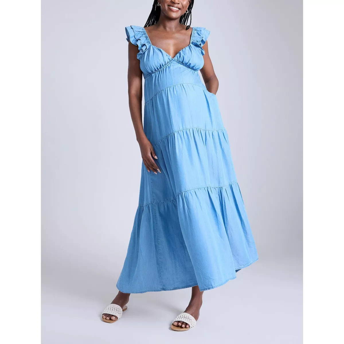 Women's Ruffle Sleeve Tie-Back Maternity Maxi Dress | Motherhood Maternity | Target