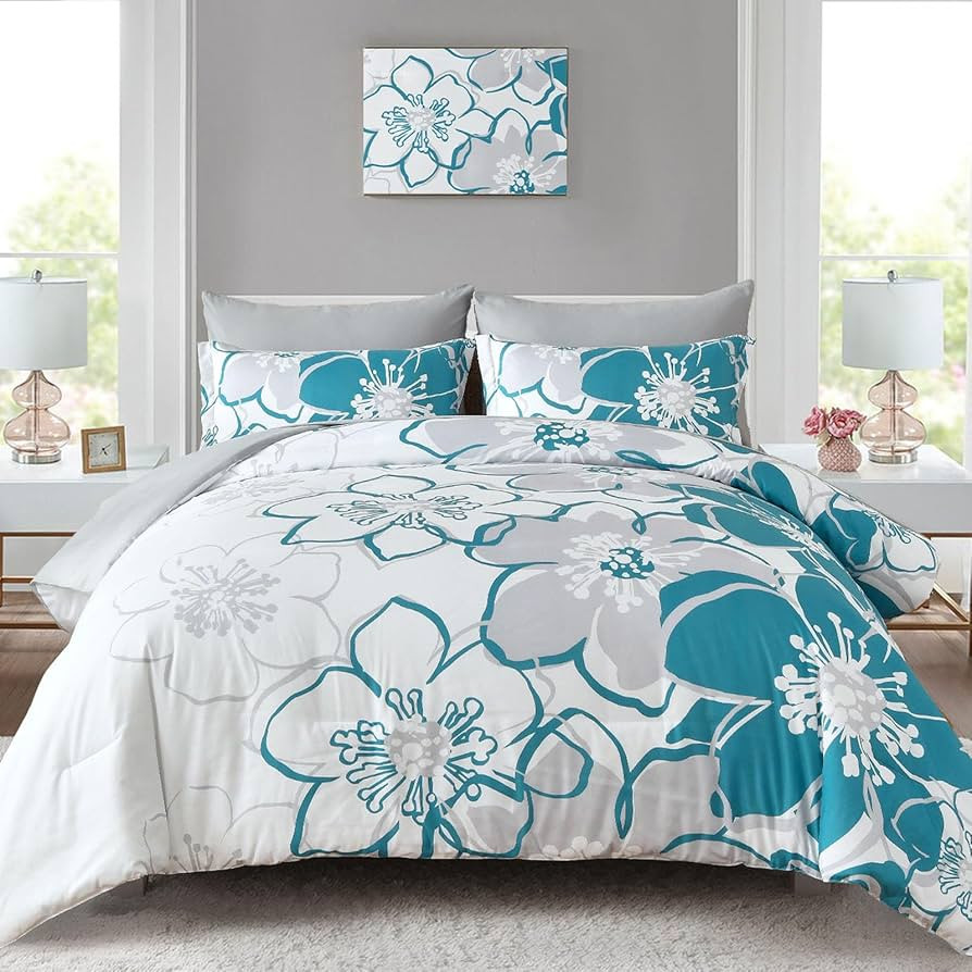 Teal Floral Comforter Set Queen Size 7 Piece, Teal Blue Flower Bed in a Bag, Elegant Botanical Fl... | Amazon (US)