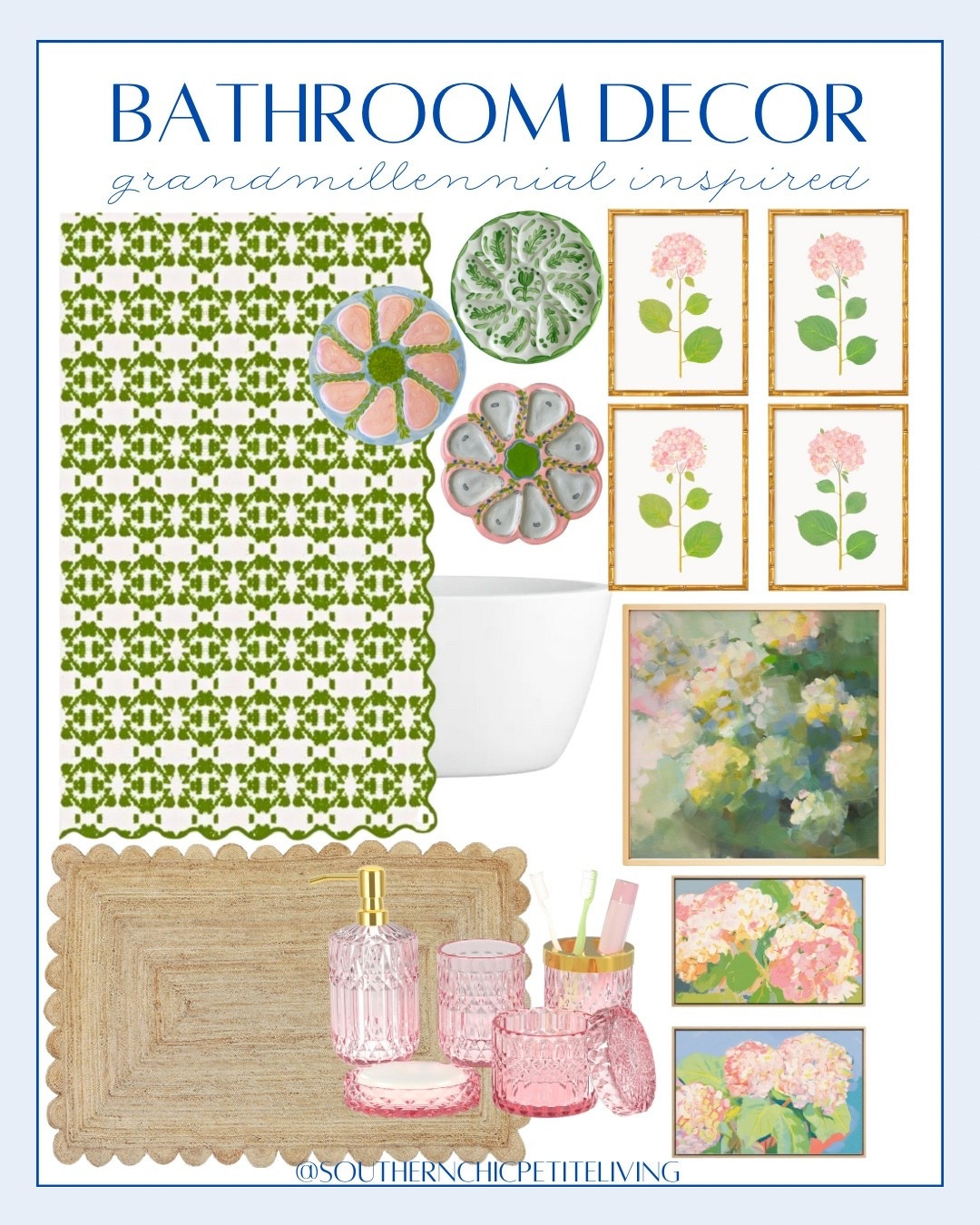 Blooming into Grandmillennial bathroom style 💕💚

#GrandmillennialStyle #GrandmillennialDecor #BathroomDecor #HydrangeaDecor #FloralHomeDecor #ChinoiserieChic #CottageCharm #ClassicWithATwist #VintageInspiredDecor #PreppyHomeStyle #ScallopedDetails #SouthernChicHome #PastelDecor #BathroomInspo #CuratedBathroom

grandmillennial bathroom, floral wall art, hydrangea art, bamboo frames, scalloped rug, pink glass bathroom accessories, cottagecore bathroom, preppy bathroom style, Southern chic home, vintage-inspired bathroom, back to school, dorm ideas, dorm room ideas 

This post contains affiliate links, which means I may earn a small commission at no extra cost to you. 
