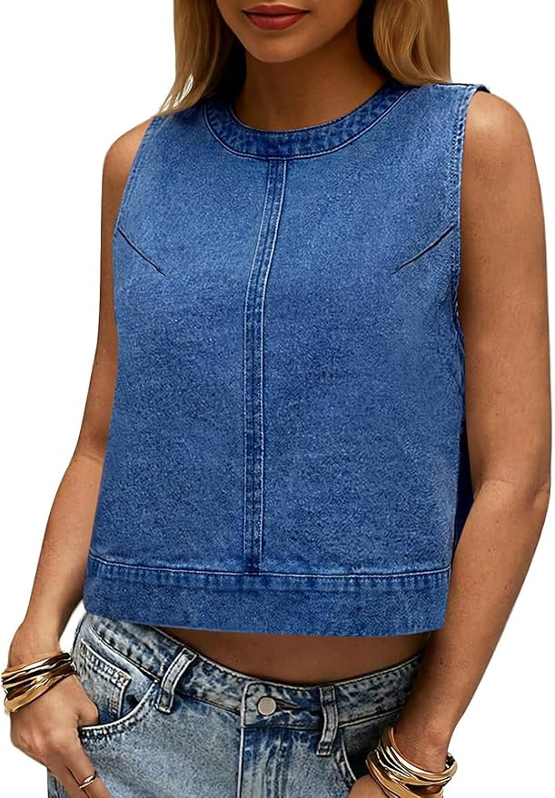 Cicy Bell Womens Denim Tank Tops Crew Neck Summer Casual Sleeveless Shirts Cropped Loose Fit Jean... | Amazon (US)