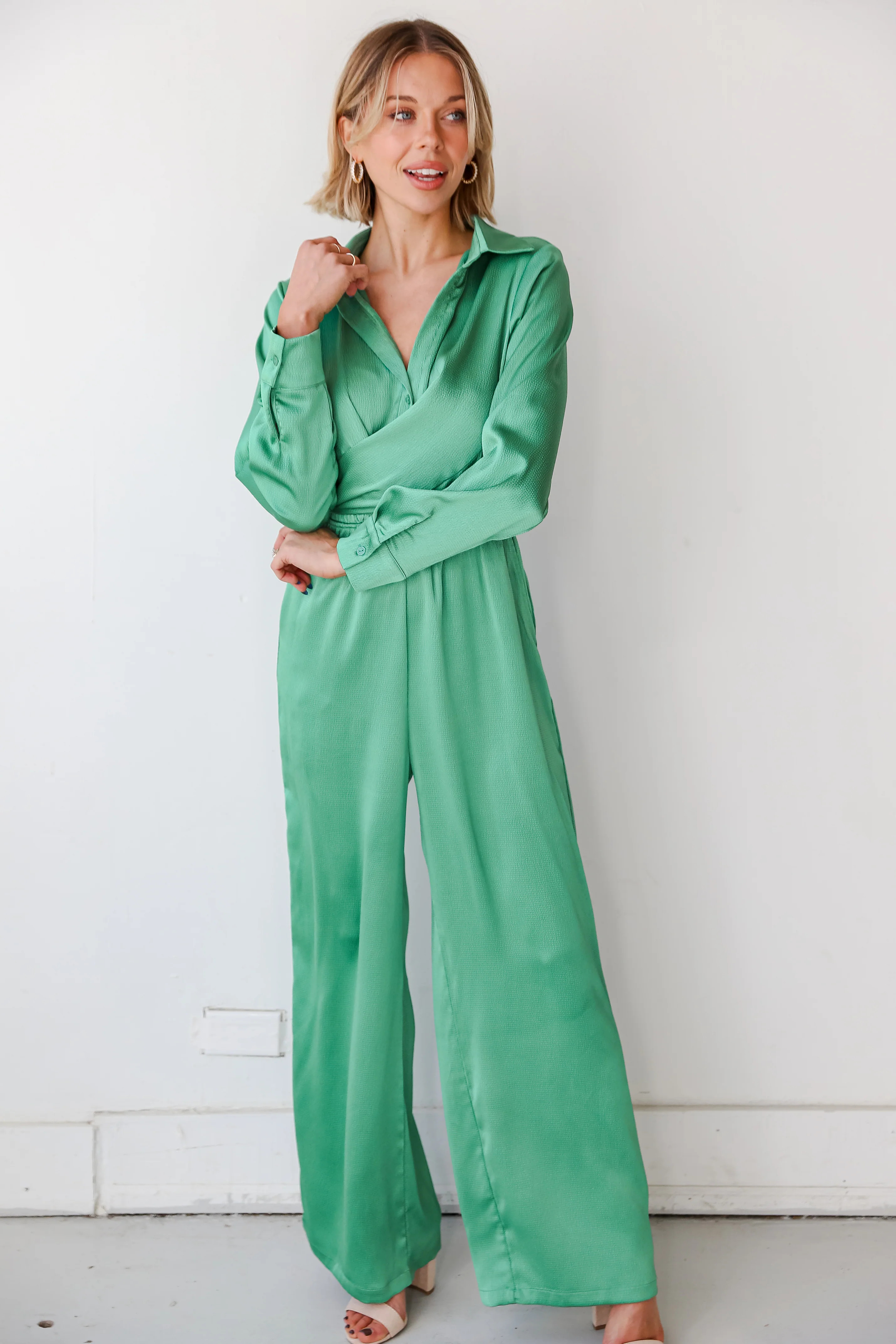 Irresistibly Chic Green Satin Jumpsuit | Dress Up