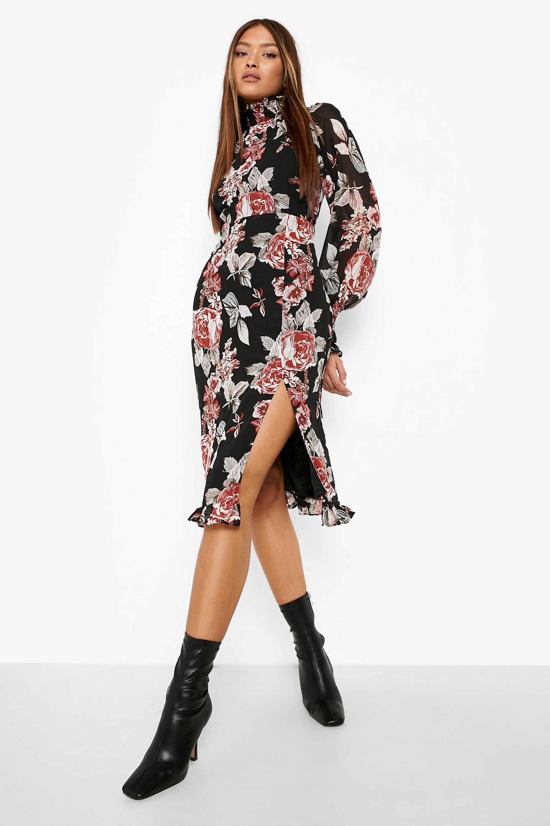 Floral Print Shirred High Neck Midi Dress | Boohoo.com (US & CA)