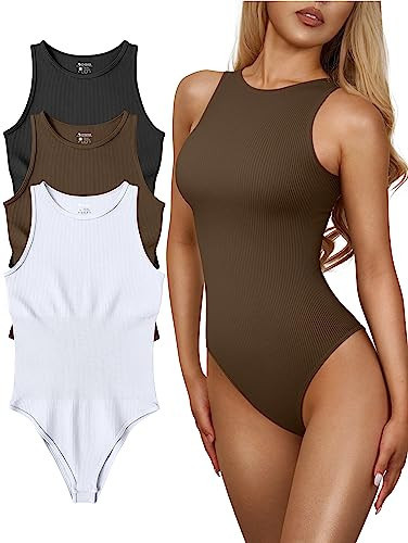 OQQ Women's 3 Piece Bodysuits Sexy Ribbed One Piece Sleeveless Halter Neck Tops Leotard Summer Trendy Black Coffee White | Amazon (US)