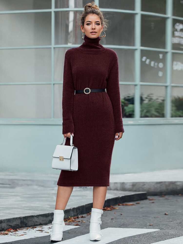 High Neck Solid Sweater Dress Without Belt | SHEIN