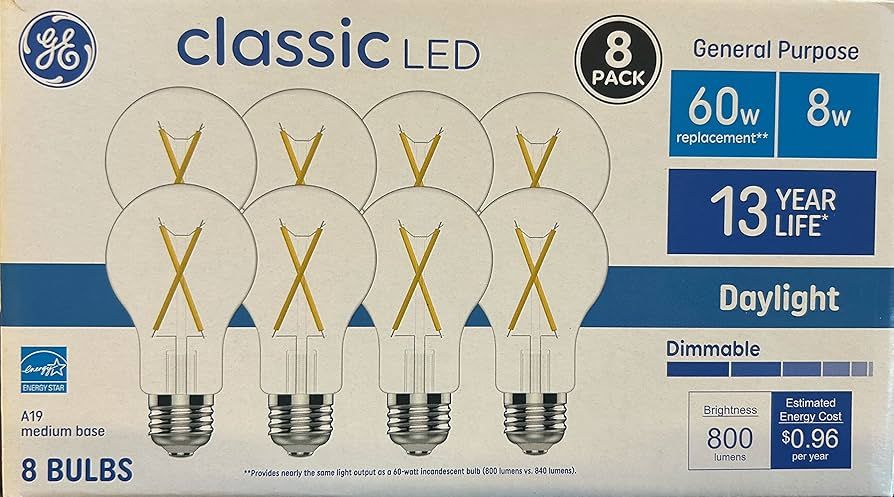 GE Classic A19 Daylight 60-Watt EQ Dimmable LED Light Fixture Light Bulbs (8-Pack) | Amazon (US)