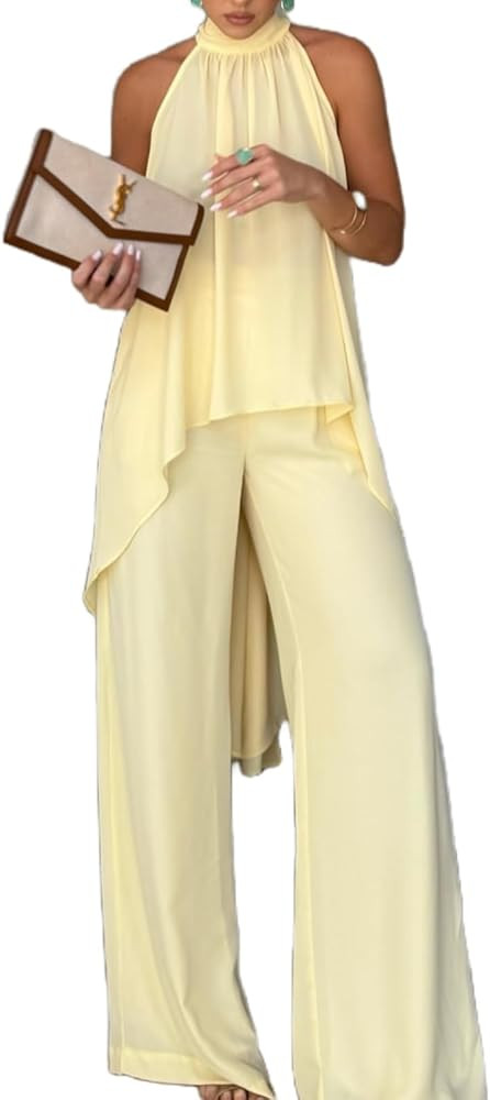 Womens 2 Piece Vacation Outfits Sleeveless Mock Neck Top and Wide Leg Pants Casual Sets Going Out | Amazon (US)