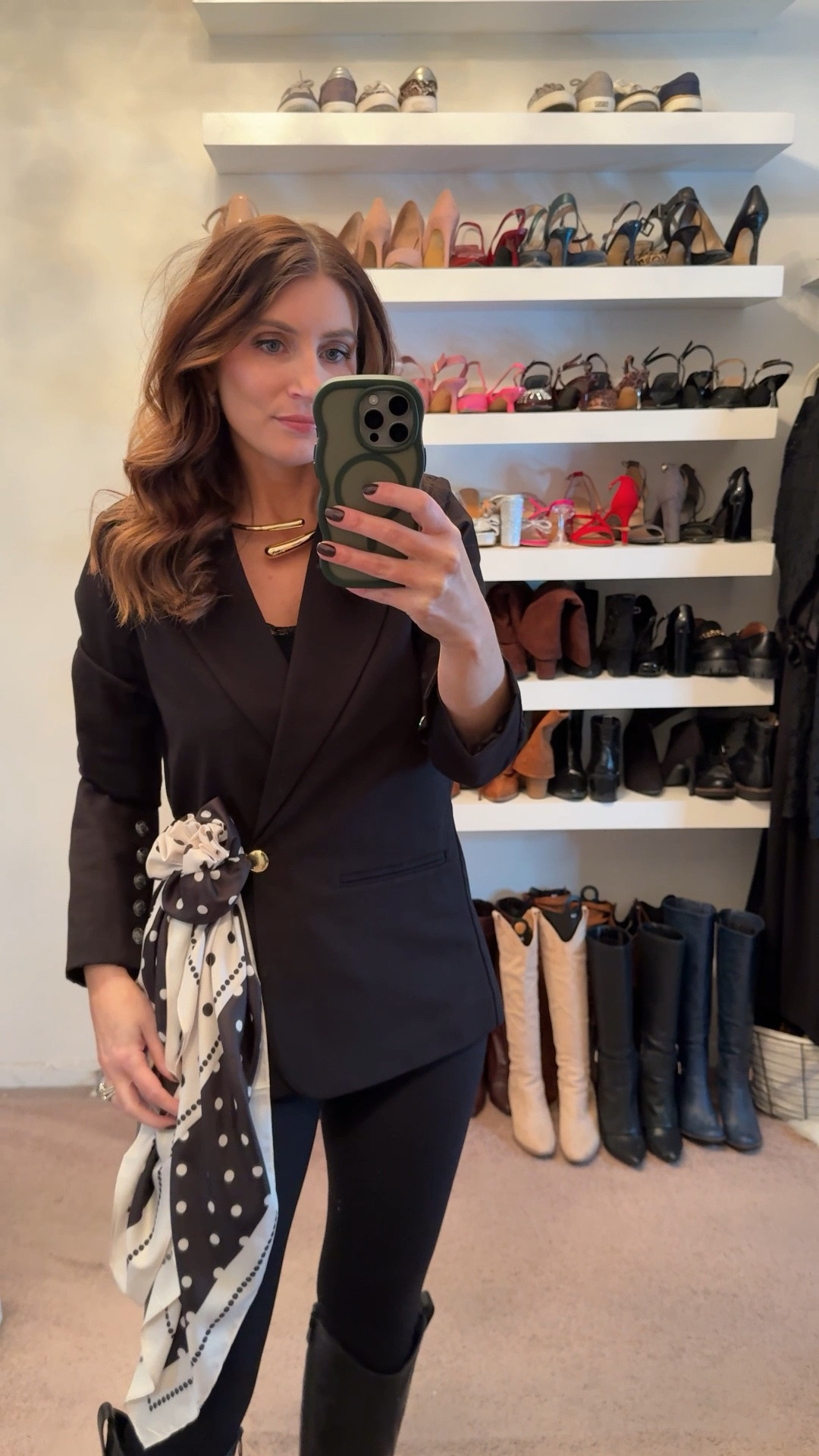 What I wore to work today, workwear outfit, casual outfit, black blazer, black leggings, tall western boots, silk scarf tied into a rose, chic office look, dressy office look, easy outfit  

Spring outfits 2026
Work outfits
Business casual workwear 

#LTKOver40 #LTKWorkwear #LTKootd