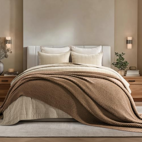 EVERGRACEHOME Chunky Chenille Knit Throw Blanket for Couch, Soft Luxurious Oversized Queen Moss Stitch Blanket for Bed, Cozy Farmhouse Knitted Throw for Sofa, Camel Brown, 90" x 90" | Amazon (US)