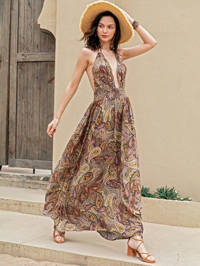 Rusttydustty Paisley Print Shirred Waist Backless Halter Neck Dress | SHEIN