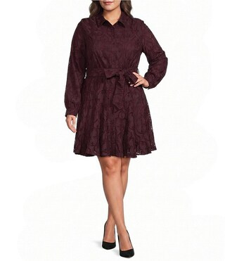 Plus Size Serane Eyelet Embroidered Lace Collared Long Sleeve Shirt Dress | Dillard's