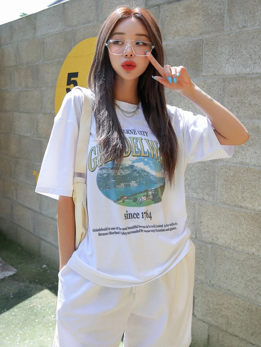 Scenery And Slogan Graphic Oversized Tee | ROMWE