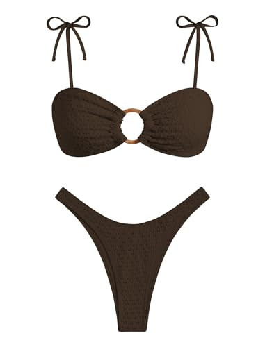 ZAFUL Women's Sexy Tie Spaghetti Strap Bikini Textured O Ring Ruched High Leg Swimsuit Cheeky Bathing Suits (3-Brown, S) | Amazon (US)