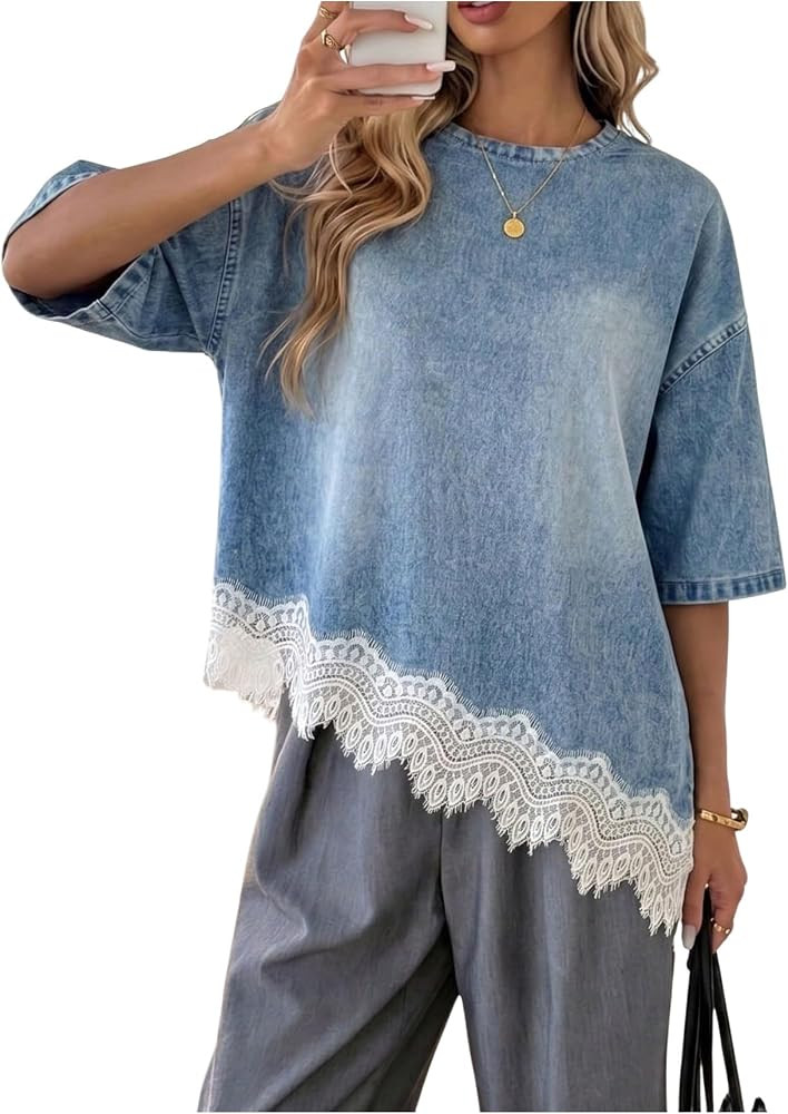SHENHE Women's Lace Trim Asymmetrical Tops Short Sleeve Patchwork Tee Shirt | Amazon (US)