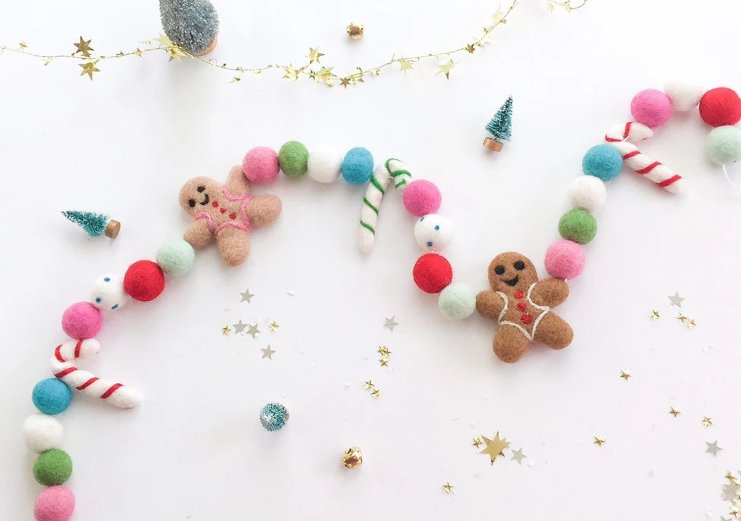Gingerbread Christmas Holiday Felt Ball Pom Pom Garland/ - Etsy | Etsy (US)