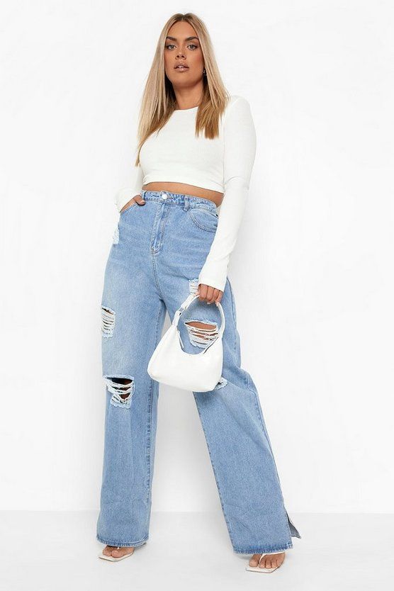 Plus High Waist Distressed Split Hem Jeans | Boohoo.com (US & CA)