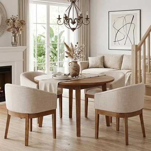 Mid Century Modern Upholstered Barrel Dining Chairs with Arms Set of 4, Farmhouse Linen Kitchen & Dining Room Chairs with Natural Hardwood Frame, 18" W Accent Chairs for Living Room Bedroom, Beige | Amazon (US)