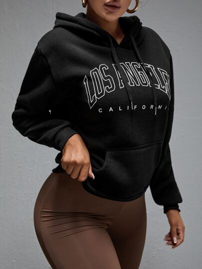 SHEIN Tall Letter Graphic Kangaroo Pocket Drop Shoulder Drawstring Thermal Hoodie | SHEIN