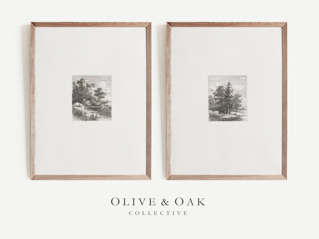 Set of Two Tree Etchings / Vintage Tree Drawings / Set of 2 Wall Art / Minimalist Decor / Neutral... | Etsy (US)