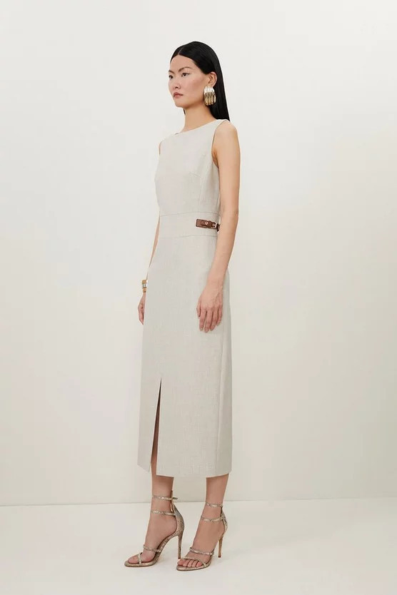 Melange Tailored Pu Tab Detail Midi Dress | Karen Millen UK + IE + DE + NL
