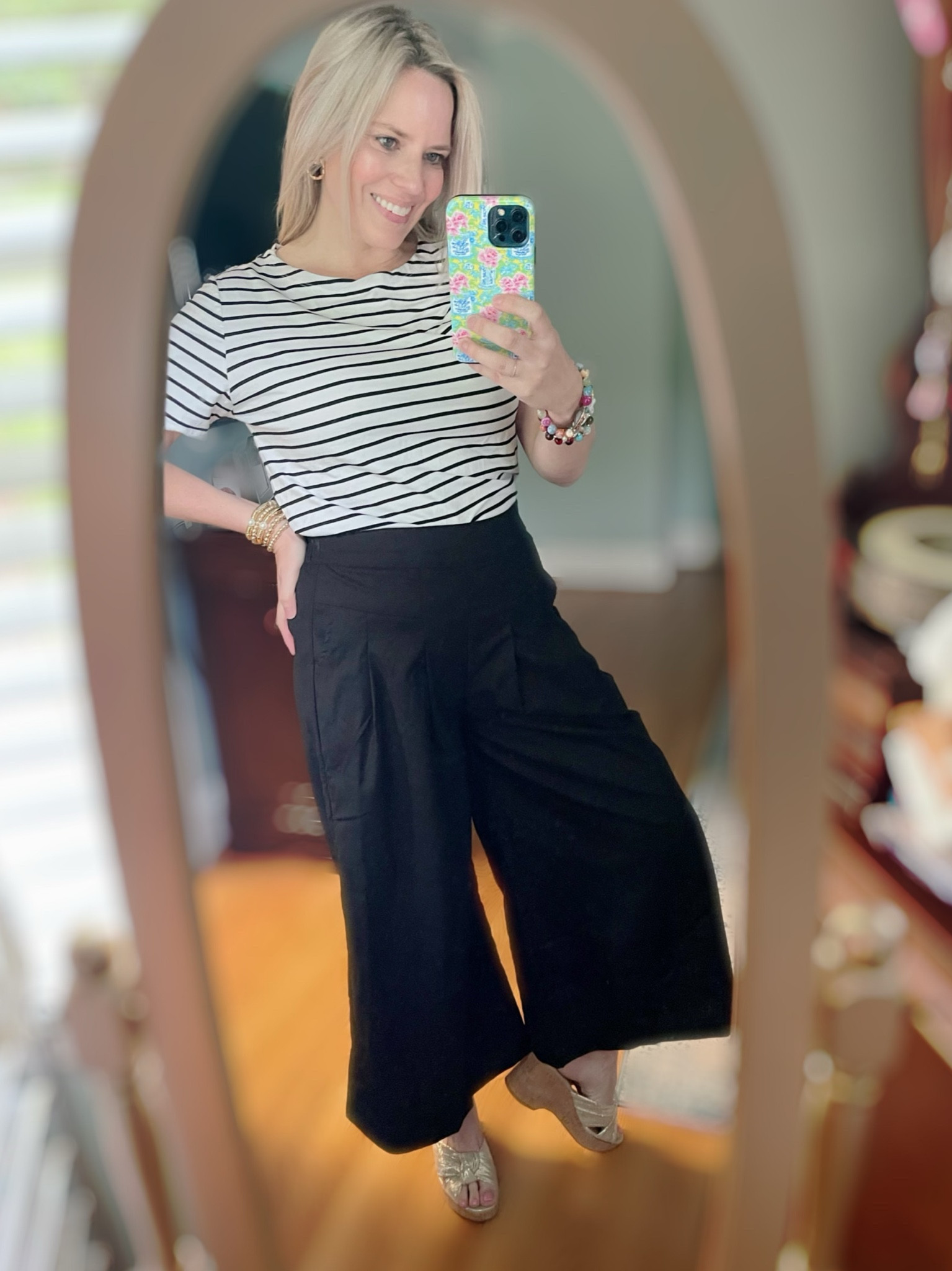 Black linen blend wide leg pants, striped t-shirt 

#LTKFindsUnder100 #LTKFindsUnder50 #LTKOver40