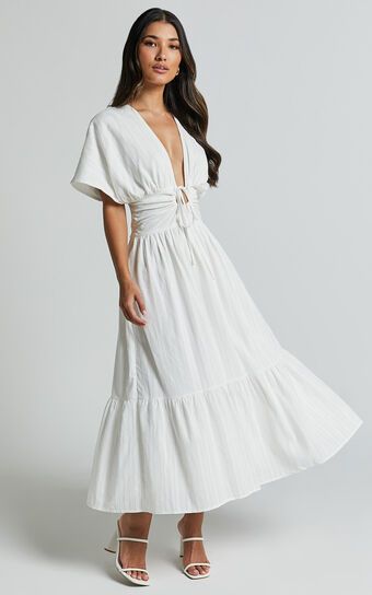 Colette Midi Dress - Short Sleeve Plunge Neck Tie A Line Dress in White | Showpo (US, UK & Europe)