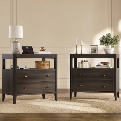 27.5”Nightstand with 2 Drawers & Open Shelf, American Style Nightstand with Pull-out Tray & Built-in Outlet, Suitable for Bedroom or Living Room | Wayfair North America