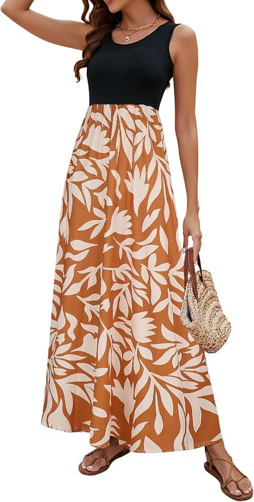 Sherosa Women Boho Chevron Striped Floral Printed Summer Sleeveless Tank Long Maxi Party Dress | Amazon (US)