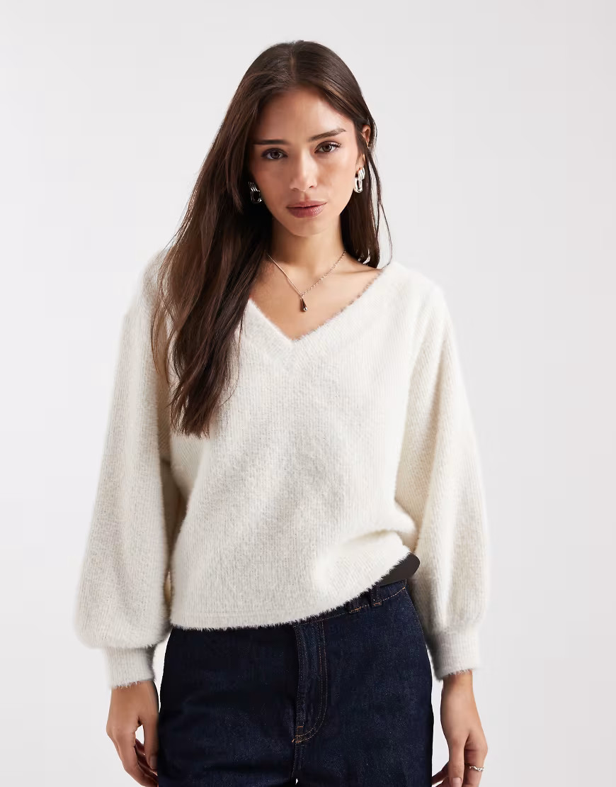 Miss Selfridge fluffy off the shoulder slouchy sweater in cream-White | ASOS (Global)