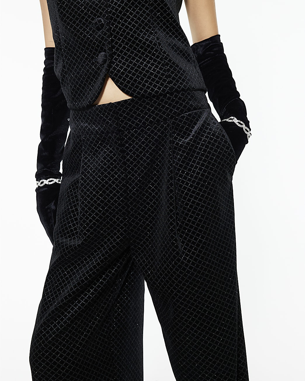 Black Velvet Hotfix Check Wide Leg Trousers | River Island UK & IE