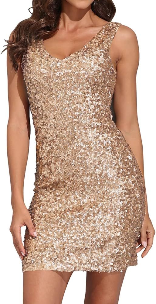 Amazon.com: PrettyGuide Women Sexy Deep V Neck Sequin Glitter Bodycon Stretchy Mini Party Dress M... | Amazon (US)