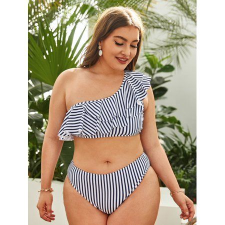Woman's Plus Size Striped Tiered Layer Bikini Swimsuit | Walmart (US)