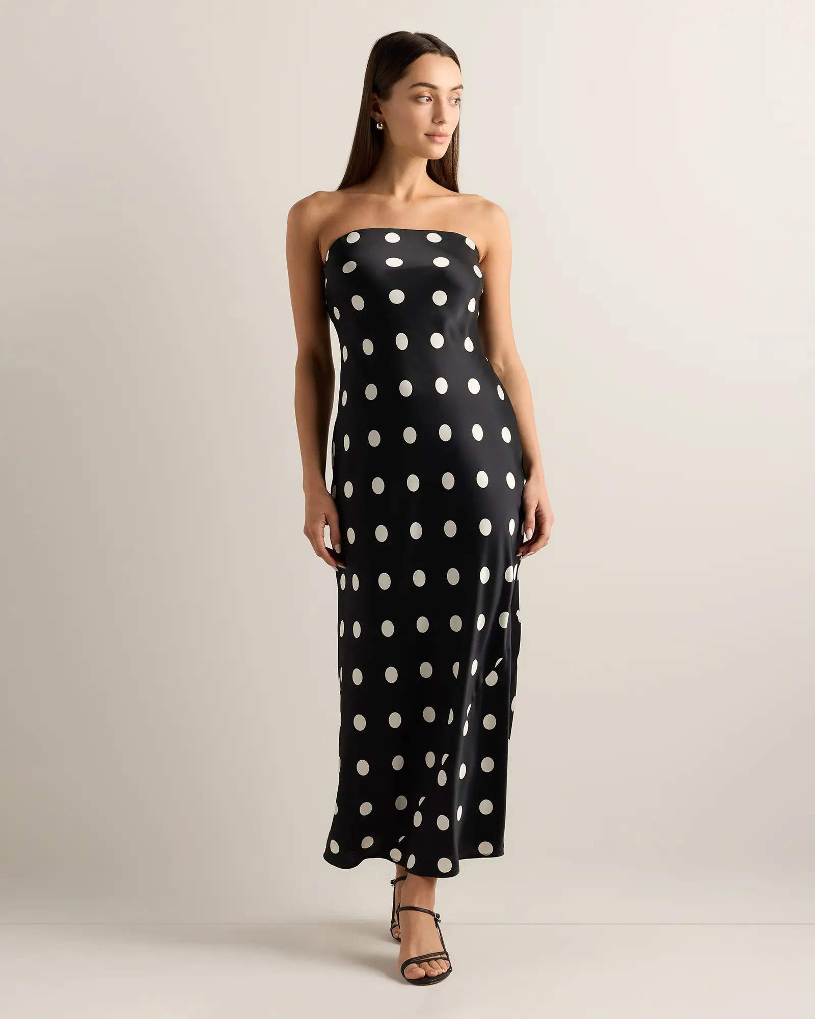 100% Washable Silk Strapless Midi Dress in Noir Large Dot | Quince
