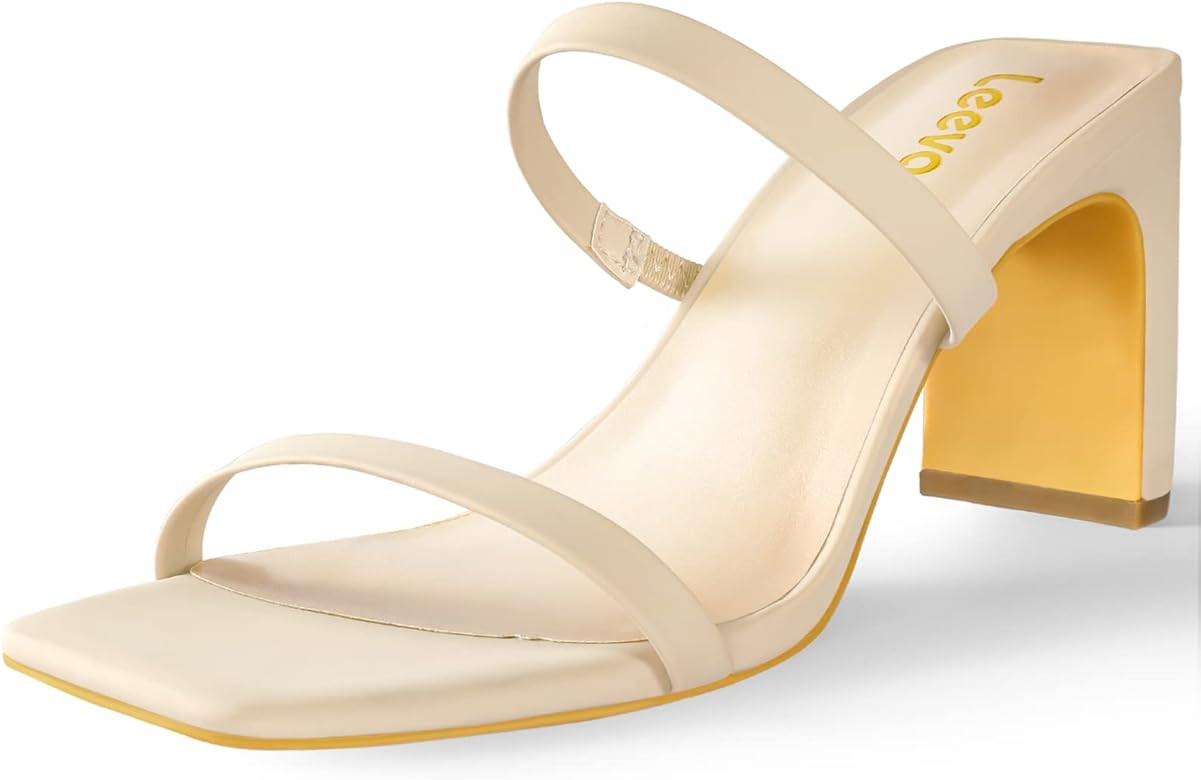 Leevar Square Toe Heels Sandals - White Black Nude Heels Chunky Two Strap Low Heels for Women Leathe | Amazon (US)