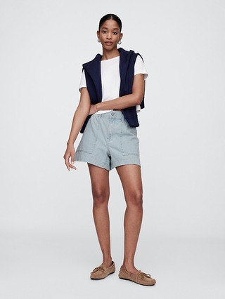 4" Mid Rise SuperSoft Denim Utility Shorts | Gap Factory